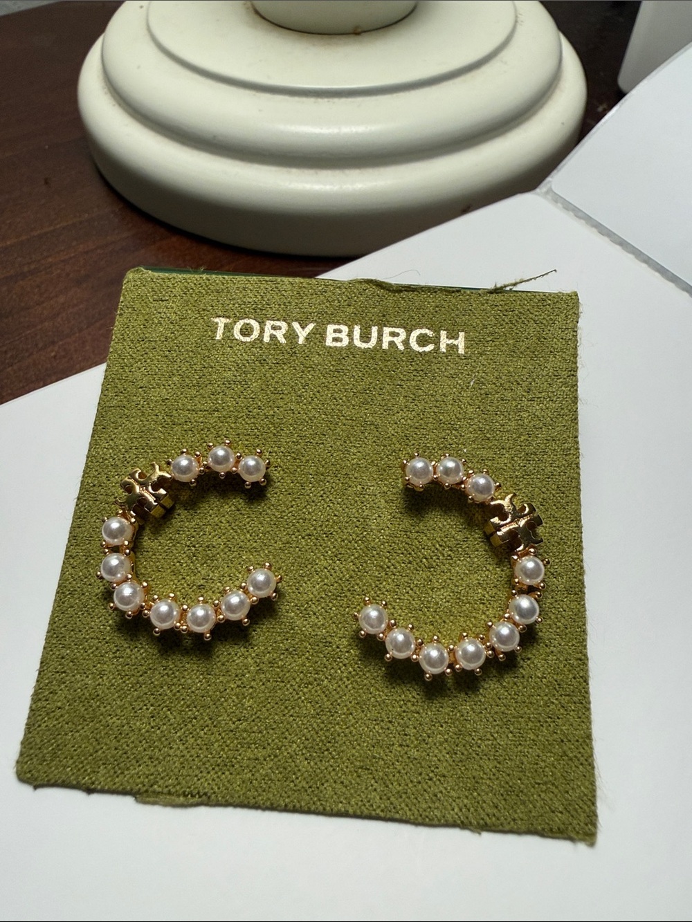 Tory Burch Gold Hoop Earrings with Pearl Accents